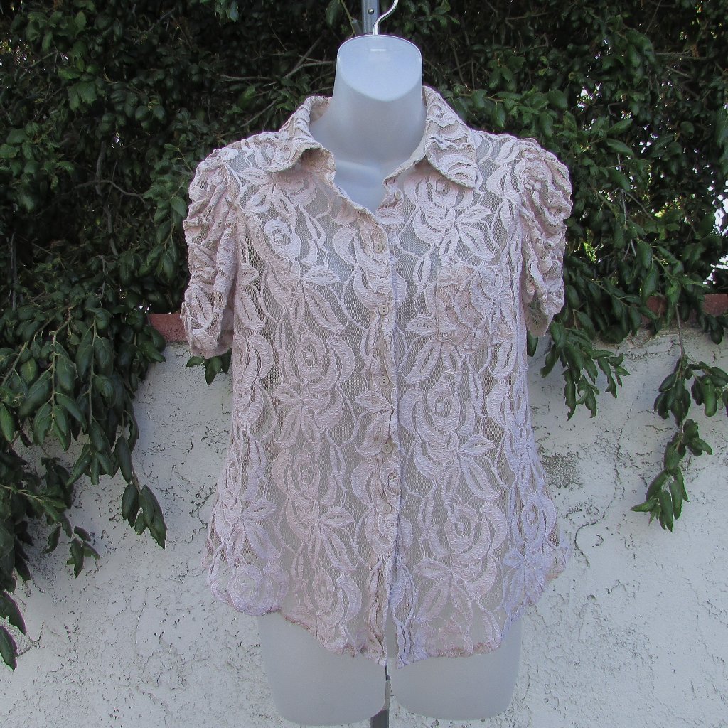 Inc Lavender Tan Crocheted Sheer Button Down Blouse M